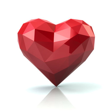 Low poly red heart 3d illustration on white background