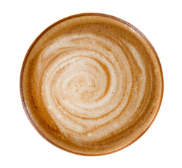Top view of hot coffee latte cappuccino spiral foam isolated on white background, clipping path included