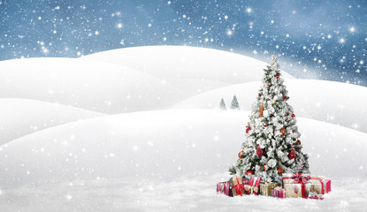 Naklejka na ściany i meble Winterlandschaft mit Schneefall und schön geschmückten Weihnachtsbaum mit Geschenken