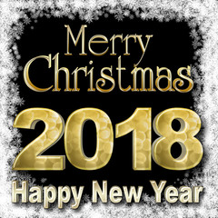 Stock Illustration - Golden Merry Christmas, Golden Happy New Year, 2018, 3D Illustration, Black Background.