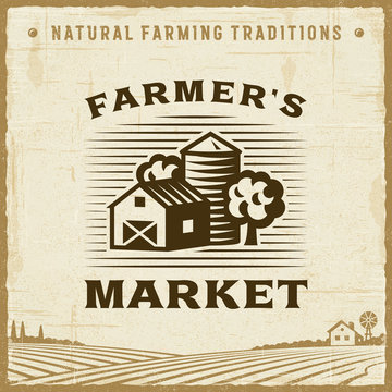 Vintage Farmer’s Market Label. Editable EPS10 vector illustration in retro woodcut style with clipping mask and transparency.