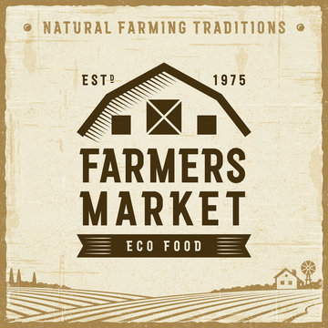 Vintage Farmers Market Label. Editable EPS10 vector illustration in retro woodcut style with clipping mask and transparency.