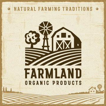 Vintage Farmland Label. Editable EPS10 vector illustration in retro woodcut style with clipping mask and transparency.