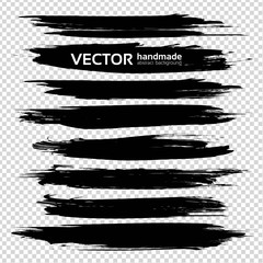 Thick black paint  textured long strokes set  isolated on imitation transparent background