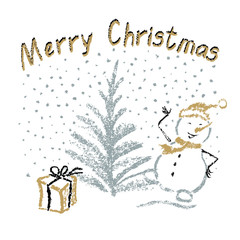 Like child's drawing merry christmas funny smiling dancing snowman with lettering, falling snowflakes, tree and gift. Gold silver color. Like kids crayon or pencil hand drawn holiday vector background