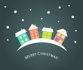 Winter houses Christmas greeting card.