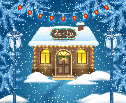 Christmas Card With Brick House And Santa's Workshop Against Winter Forest Background  And Vintage Streetlamps