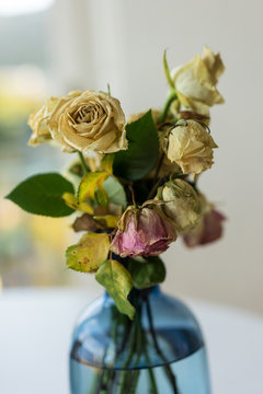 Bouquet of withered roses in glass vase
