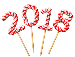 New Year 2018 in shape of candy on wooden stick. Year number of striped peppermint lollipops. Best vector image for christmas, new years day, sweet-stuff, winter holiday, dessert, new years eve, etc