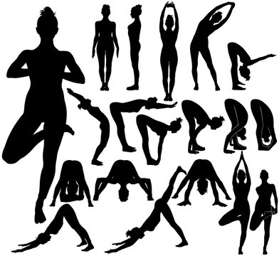 Silhouettes of girl practicing yoga stretching exercises.