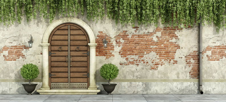 Grunge facade with wooden doorway
