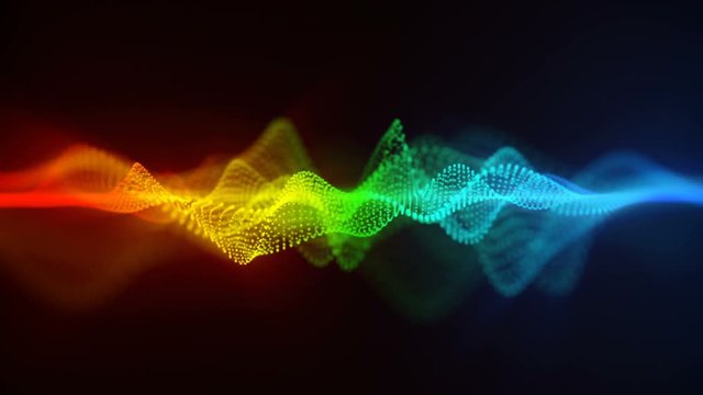 Horizontally oriented bright colorful futuristic shape. Abstract sci-fi concept. Computer generated seamless loop 3D animation rendered with DOF 4k (4096x2304)
