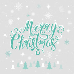 Merry Christmas hand drawn lettering text vector illustration. Holiday xmas poster or postcard. Beautiful winter background.