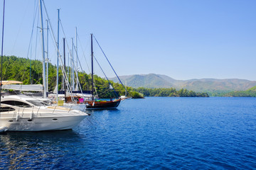 Beautiful moored boats on sunny day