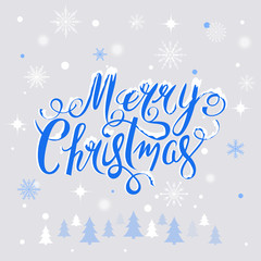 Merry Christmas hand drawn lettering text vector illustration. Holiday xmas poster or postcard. Beautiful winter background.