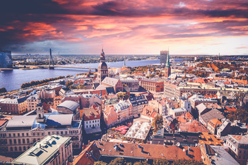 Fototapeta premium Beautiful aerial Riga view from above. View from the St. Peters cathedral during sunset