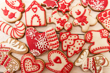 Red white gingerbread cookies background.