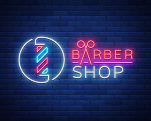 Obraz premium Vector logo neon sign barber shop for your design. For a label, a sign, a sign or an advertisement. Hipster Man, Hairdresser Logo. Neon billboard, bright sign, luminous banner