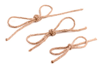 Set of 3 rope bow knots, isolated on white background.
