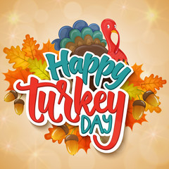 Thanksgiving greetings - Happy turkey day. Autumn leaves, cartoon illustration. Thanksgiving Day background for decoration. Vector