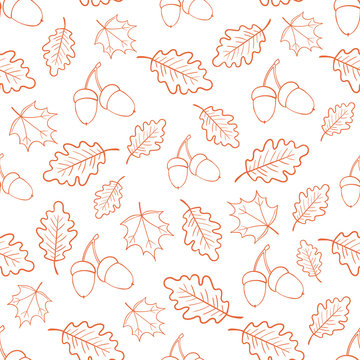 Seamless pattern of acorns and autumn oak leaves. Vector