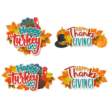 Set of Thanksgiving greetings - Happy turkey day. Autumn leaves, cartoon illustration. Thanksgiving Day background for decoration. Vector