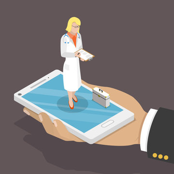 Online Doctor Flat Isometric Low Poly Vector Concept. Hand Holds A Smartphone With A Doctor On It That Is Writing Out A Prescription.