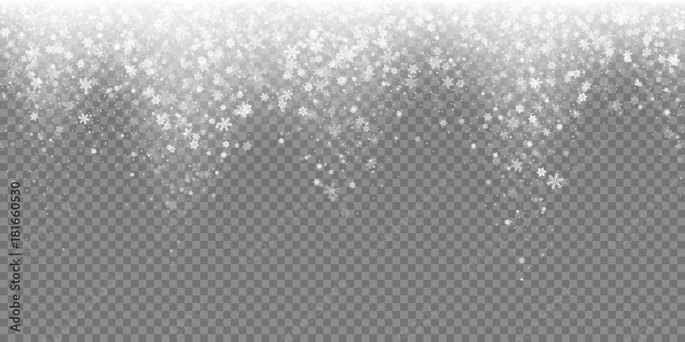 Leinwandbilder Falling snow flake pattern background. White cold snowfall overlay texture isolated on transparent background. Winter Xmas snowflake ice elements template for Christmas of New Year holiday design