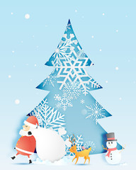 Santa claus, snowman and reindeer in paper art style with snow and snowflake background