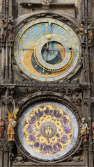 Astronomical Clock Tower detail in Old Town of Prague, Czech Republic. Astronomical clock was created in 1410 by the watchmaker Mikulas Kadan and mathematician-astronomer Jan Schindel.