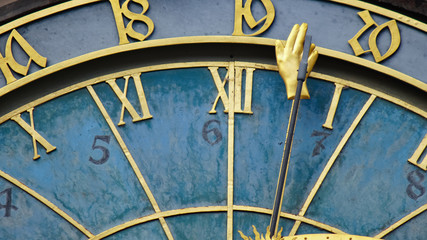 Astronomical Clock Tower detail in Old Town of Prague, Czech Republic. Astronomical clock was created in 1410 by the watchmaker Mikulas Kadan and mathematician-astronomer Jan Schindel.