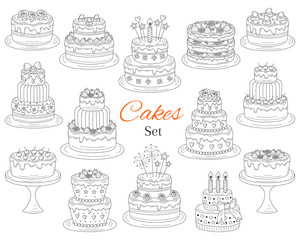 Cakes set, vector hand drawn doodle illustration.