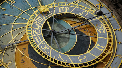 Astronomical Clock Tower detail in Old Town of Prague, Czech Republic. Astronomical clock was created in 1410 by the watchmaker Mikulas Kadan and mathematician-astronomer Jan Schindel.