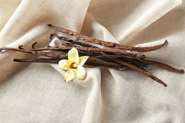 Dried vanilla sticks and flower on cloth