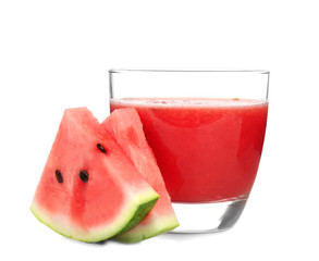 Glass with smoothie and watermelon slices, isolated on white