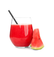 Glass with smoothie and watermelon slices, isolated on white