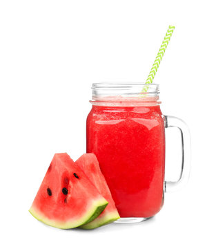 Mason jar with smoothie and watermelon slices, isolated on white