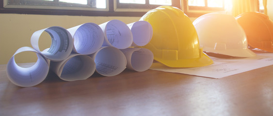 Architectural Office desk background construction project ideas concept, With drawing equipment