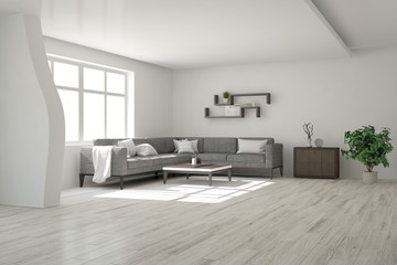 Idea of white minimalist room with sofa. Scandinavian interior design. 3D illustration