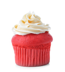 Delicious red velvet cupcake on white background