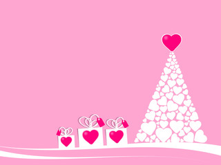 christmas tree made with many white hearts and a big pink heart on the top with three gift boxes. Christmas illustration for female teenager target