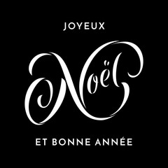 Joyeux Noel et Bonne Annee French Merry Christmas and Happy New Year hand drawn calligraphy modern lettering text for greeting card. Vector Christmas, New Year winter holiday quote on black background