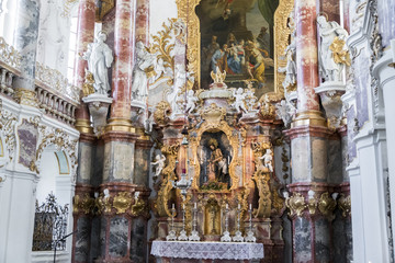 The Pilgrimage Church of Wies (Wieskirche), an oval rococo church located in the foothills of the Alps, Bavaria, Germany. A World Heritage Site since 1983