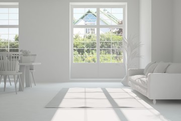 Naklejka na ściany i meble Idea of white room with sofa and summer landscape in window. Scandinavian interior design. 3D illustration