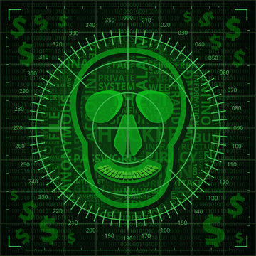 Skull target with hacker related words on binary code background