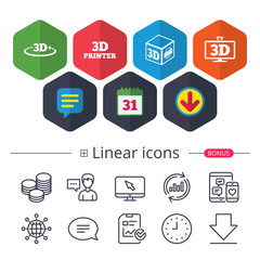 3d technology icons. Printer, rotation arrow.