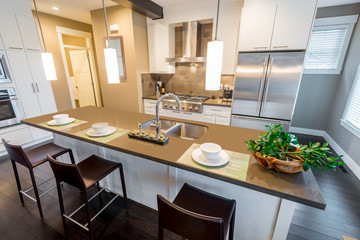 Modern, bright, clean, kitchen interior with stainless steel appliances in a luxury house
