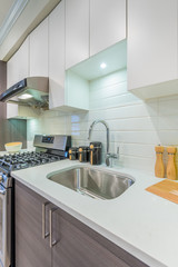 Modern, bright, clean, kitchen interior with stainless steel appliances in a luxury house