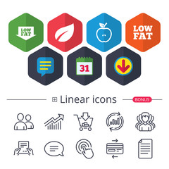 Low fat icons. Diets and vegetarian food signs.