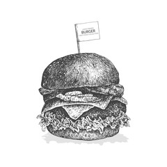Hand drawn burger illustration with ink and pen. Vintage black and white fast food collection.